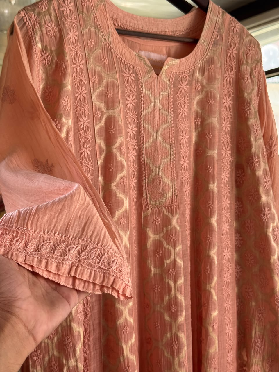 Coral Peach Zari Chanderi Chikankari A Line Kurta with Slip