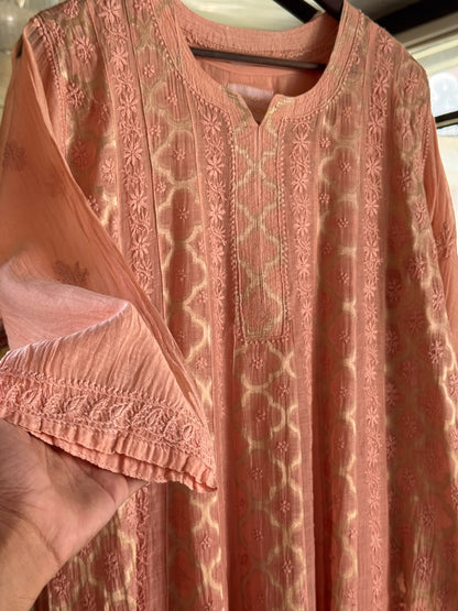 Coral Peach Zari Chanderi Chikankari A Line Kurta with Slip