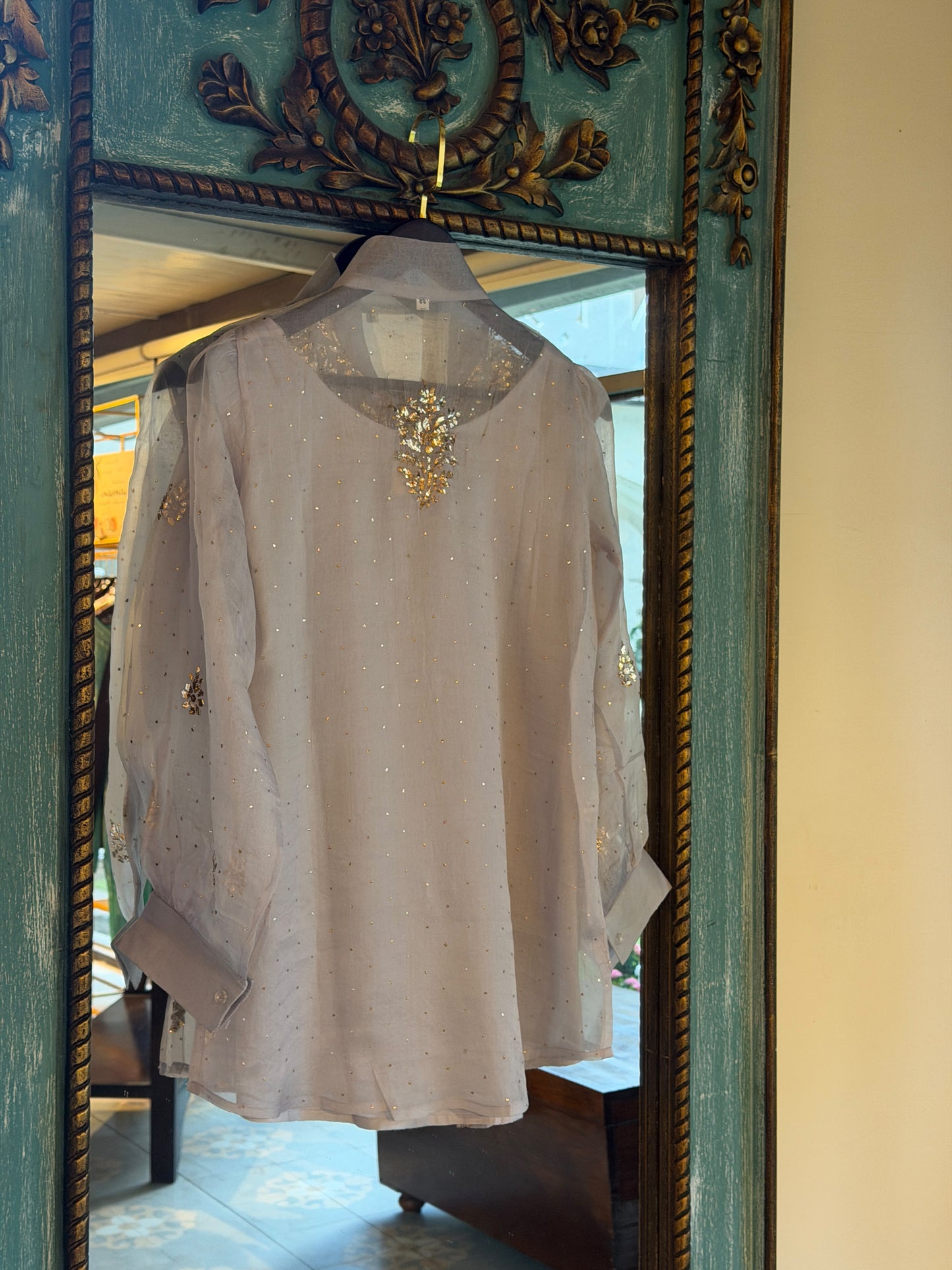 Grey Noor Organza Mukaish Badla Short Top With Bow Tie