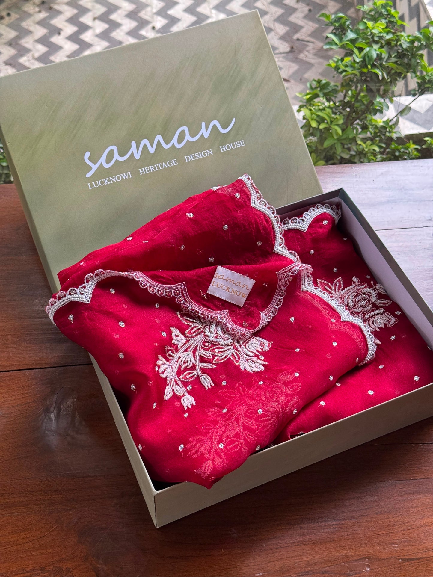 Noor Wine Red Organza Cutwork Chikankari Saree
