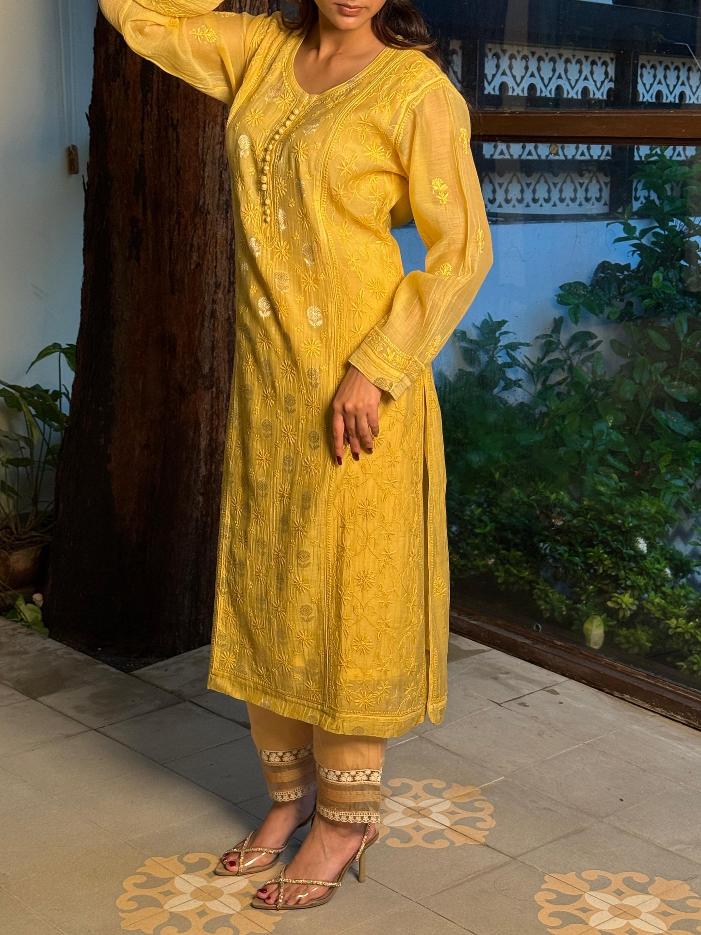 Yellow Shade Zari Chanderi Chikankari Ready to Wear Tunics