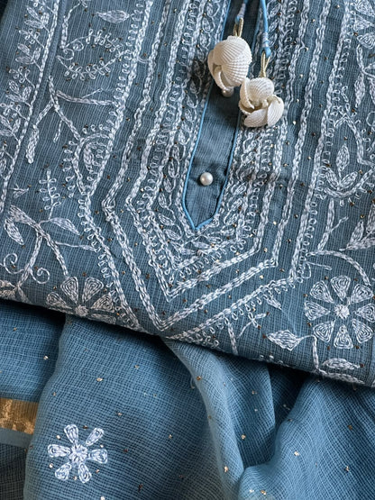 Blue Shade Semi Stitched Kota Tepchi Chikankari Kurta Dupatta Set
