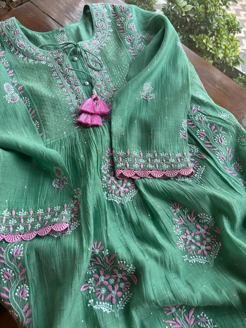Green & Soft Pink Shade | Malmal Mukaish Kamdani Chikankari Stitched Kurta Dupatta Set