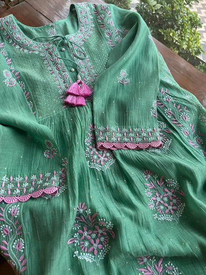 Green & Soft Pink Shade | Malmal Mukaish Kamdani Chikankari Stitched Kurta Dupatta Set