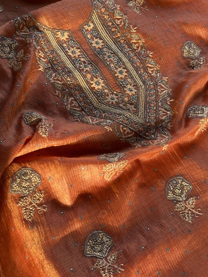 Burnt Peach Shade Tissue Silk Kota Chikankari Unstitched Fabric