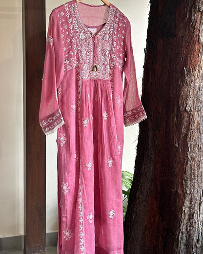 Onion Pink Kota Chikankari with Mukaish Kamdani Tunics