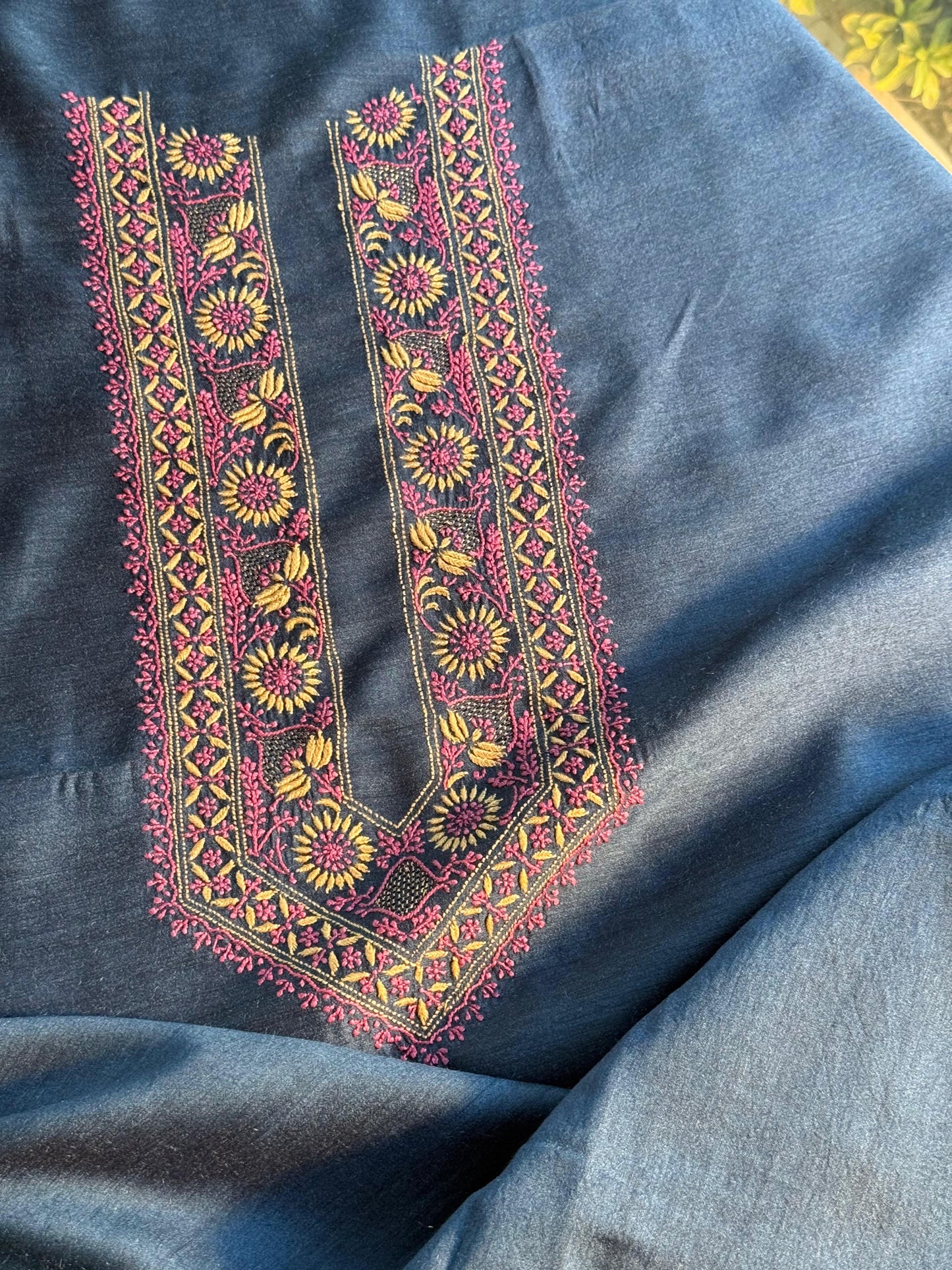 Dark Blue Moonga Silk Chikankari Men’s Kurta Fabrics