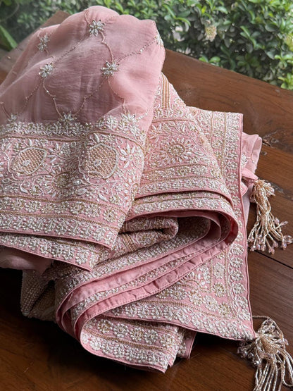 Soft Pink Heavy Organza Chikankari Saree With Blouse