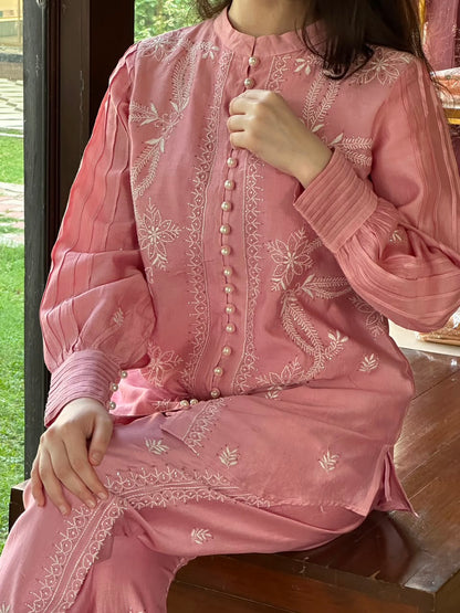 Pink Chanderi Chikankari Co-Ord Set