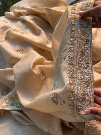 Natural Moonga Silk Chikankari Unstitched Fabric