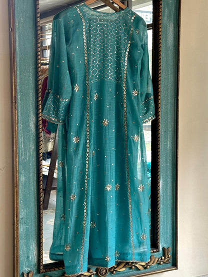 Sea Green Shade Mukaish Mul Chanderi Silk Dress