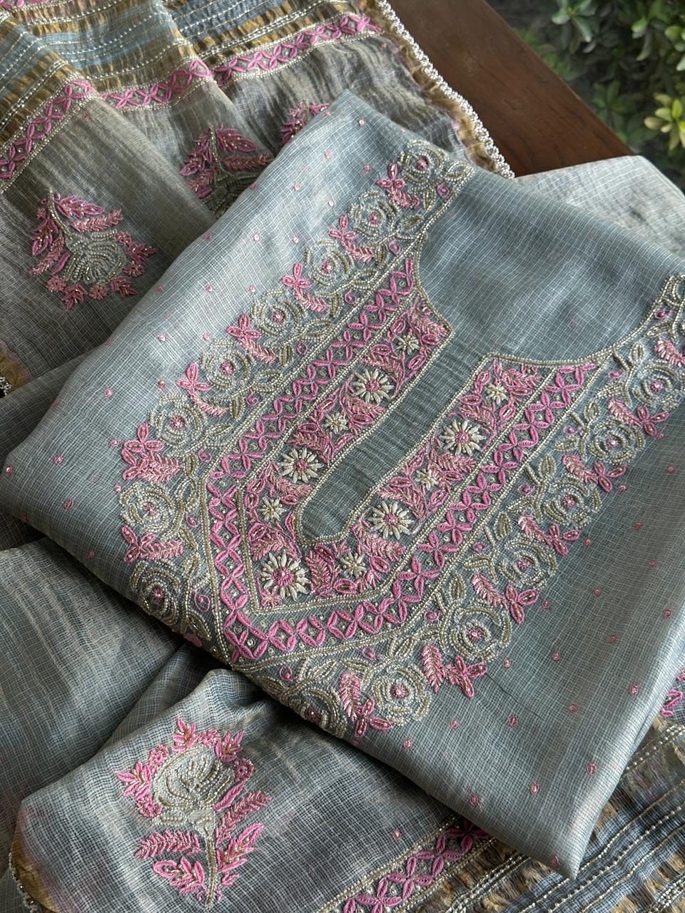 Smokey Grey Shade Tissue Kota Chikankari Unstitched Fabric