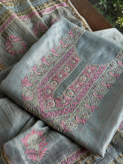 Smokey Grey Shade Tissue Kota Chikankari Unstitched Fabric