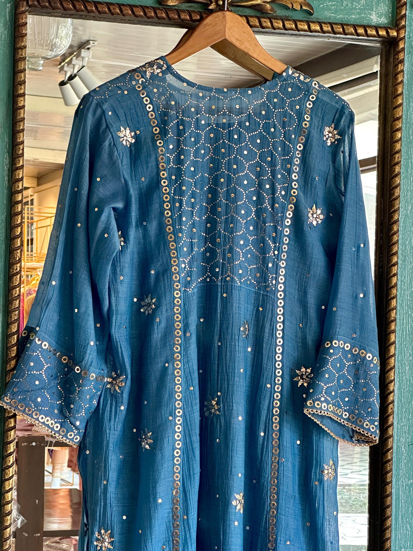 Blue Shade Mukaish Mul Chanderi Silk Dress