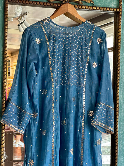 Blue Shade Mukaish Mul Chanderi Silk Dress