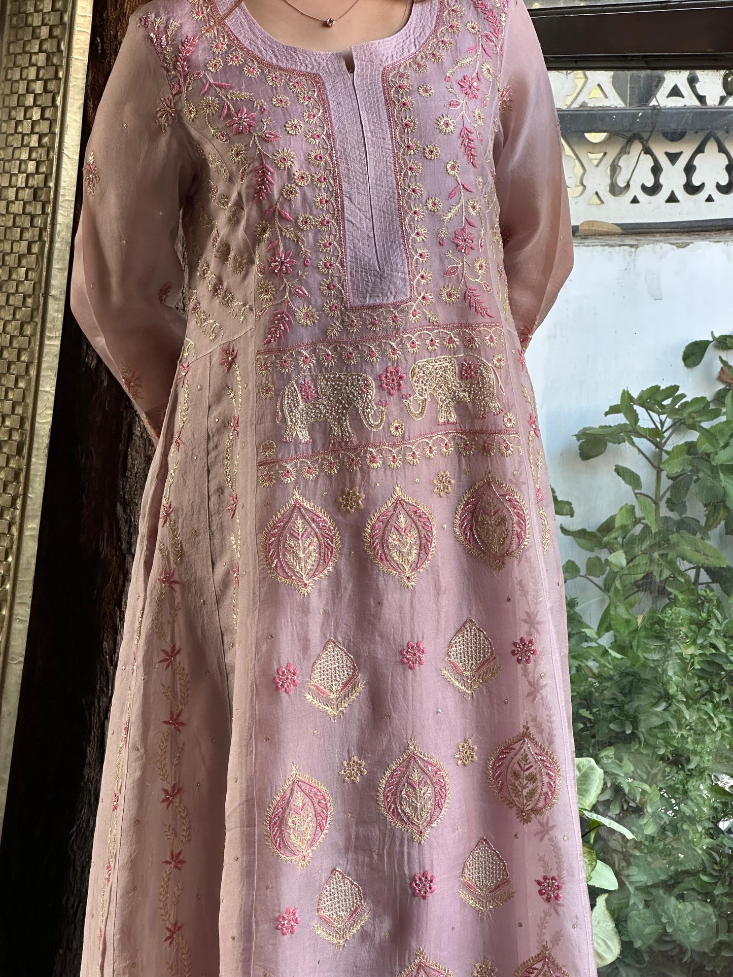 Mauve Pink Shade Noor Organza Chikankari A Line Kurta With Dupatta