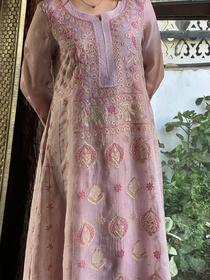 Mauve Pink Shade Noor Organza Chikankari A Line Kurta With Dupatta
