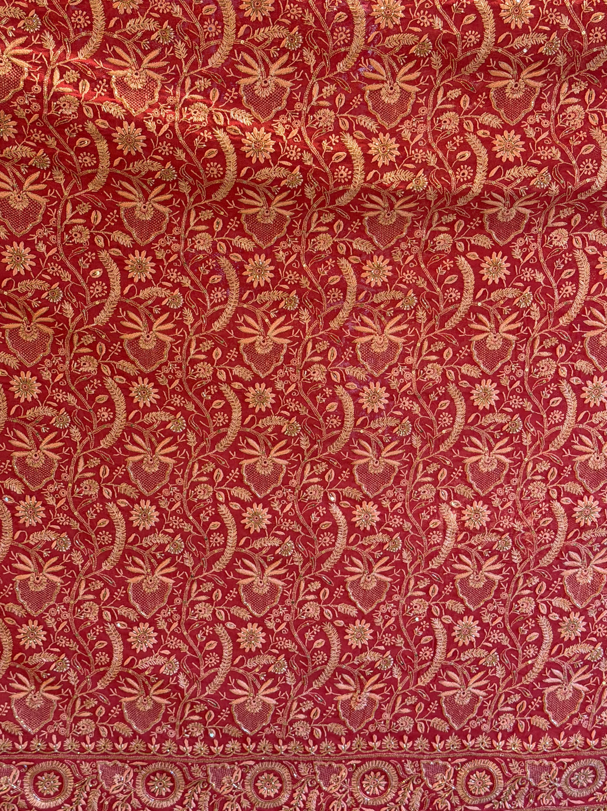 Deep Coral Shade Heavy Chikankari Jwelled Chikankari Sequinned Saree