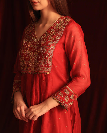 Red Maheshwari Silk Awadhi Zardosi Kurta Set
