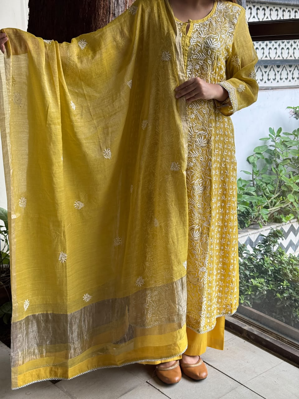 Yellow Tissue Silk Chikankari Straight Cut Kurta Dupatta Set