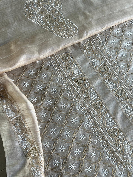 Natural Beige Tussar Silk All Over Chikankari Men’s Kurta Fabric