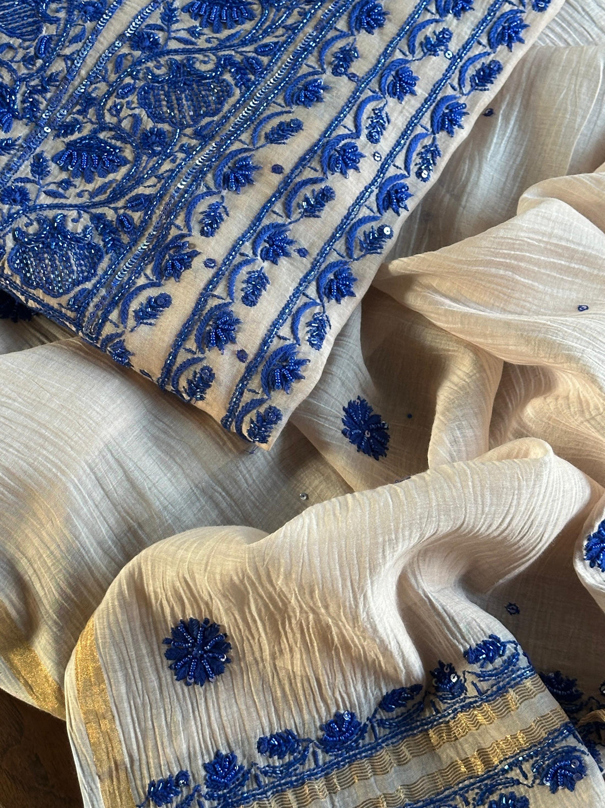 Beige & Blue Mal Chanderi Silk Chikankari With Sequins Unstitched Kurta Dupatta Set