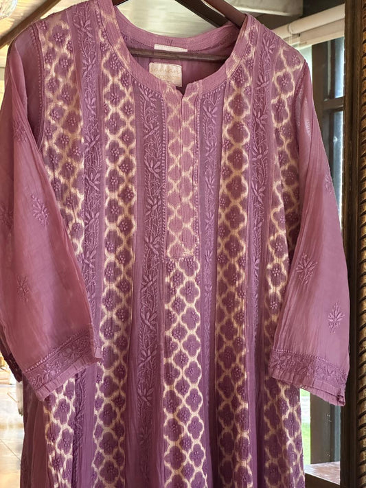 Purple Zari Chanderi Chikankari A Line Kurta with Slip