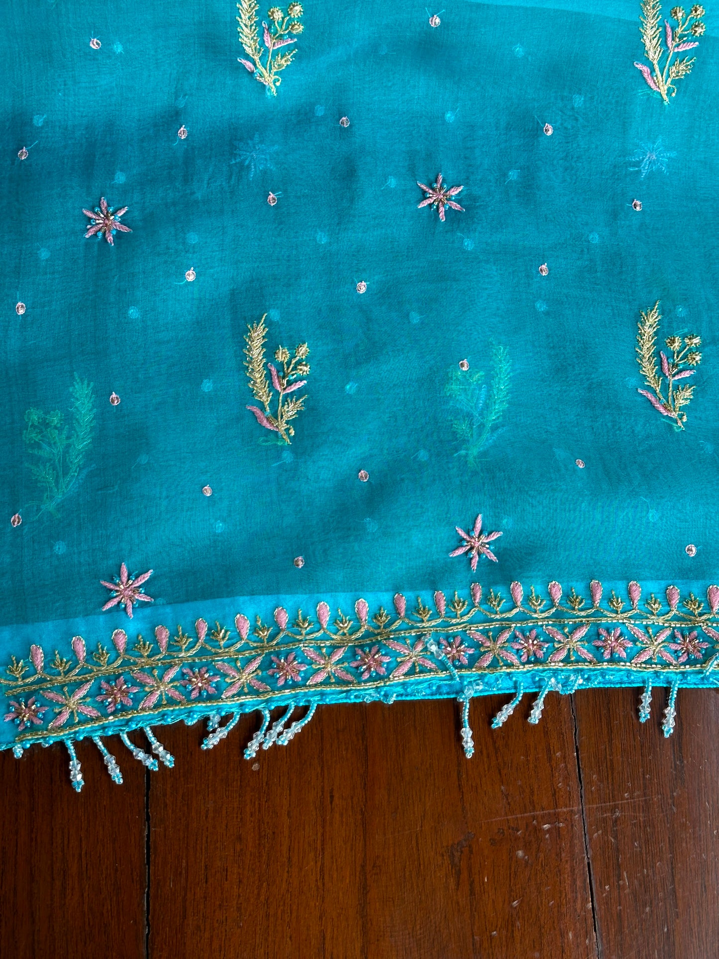 Peacock Blue Organza Banarasi Silk Chikankari Unstitched Kurta Dupatta Set