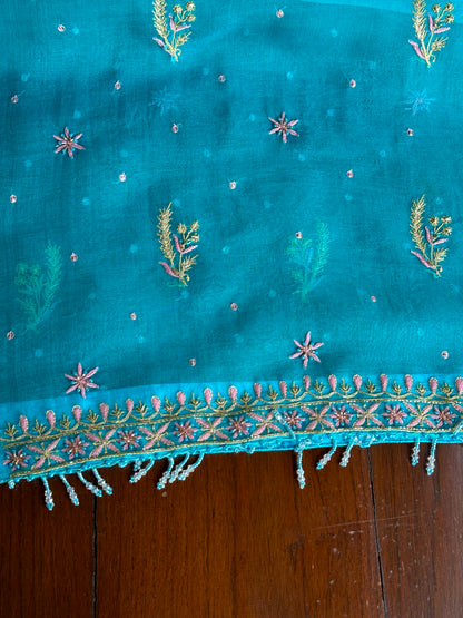 Peacock Blue Organza Banarasi Silk Chikankari Unstitched Kurta Dupatta Set