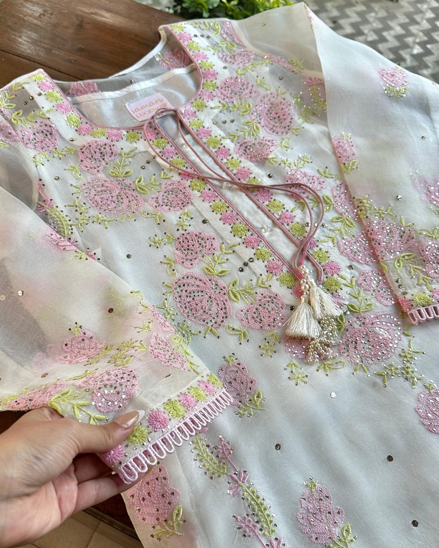 White Mukaish Kamdani Noor Organza Chikankari Kurta Set