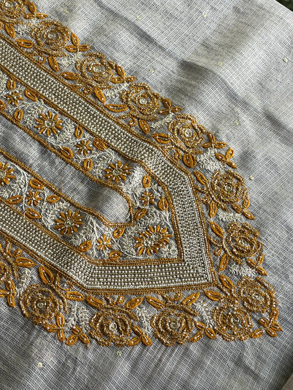 Grey & Mustard Shade Tissue Kota Chikankari Unstitched Fabric