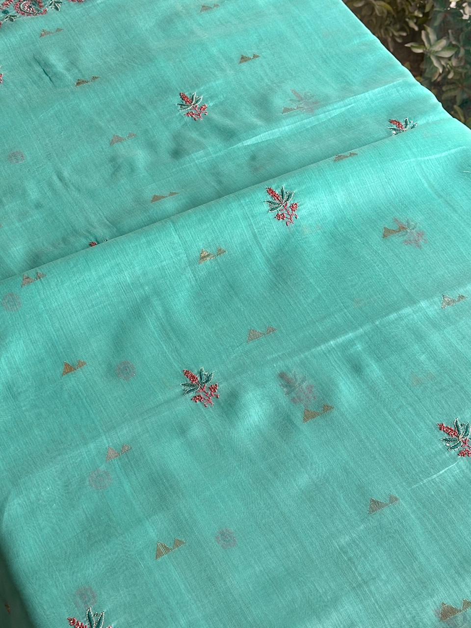 Aqua Green Shade Chanderi Chikankari Saree