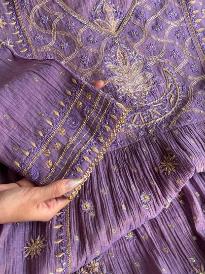 Lilac Purple Shade Tissue Silk Bhopali Kurta Dupatta Set