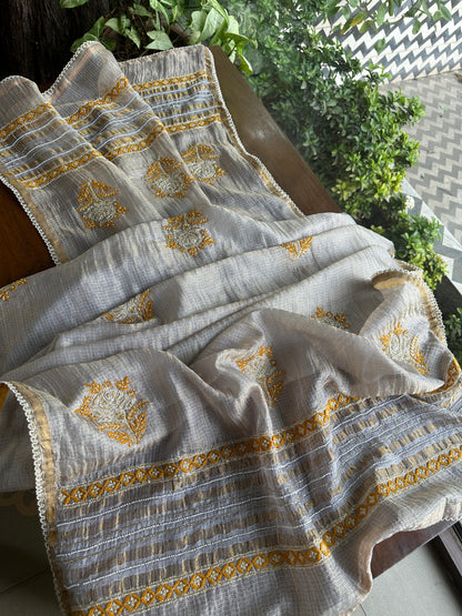 Grey & Mustard Shade Tissue Kota Chikankari Unstitched Fabric