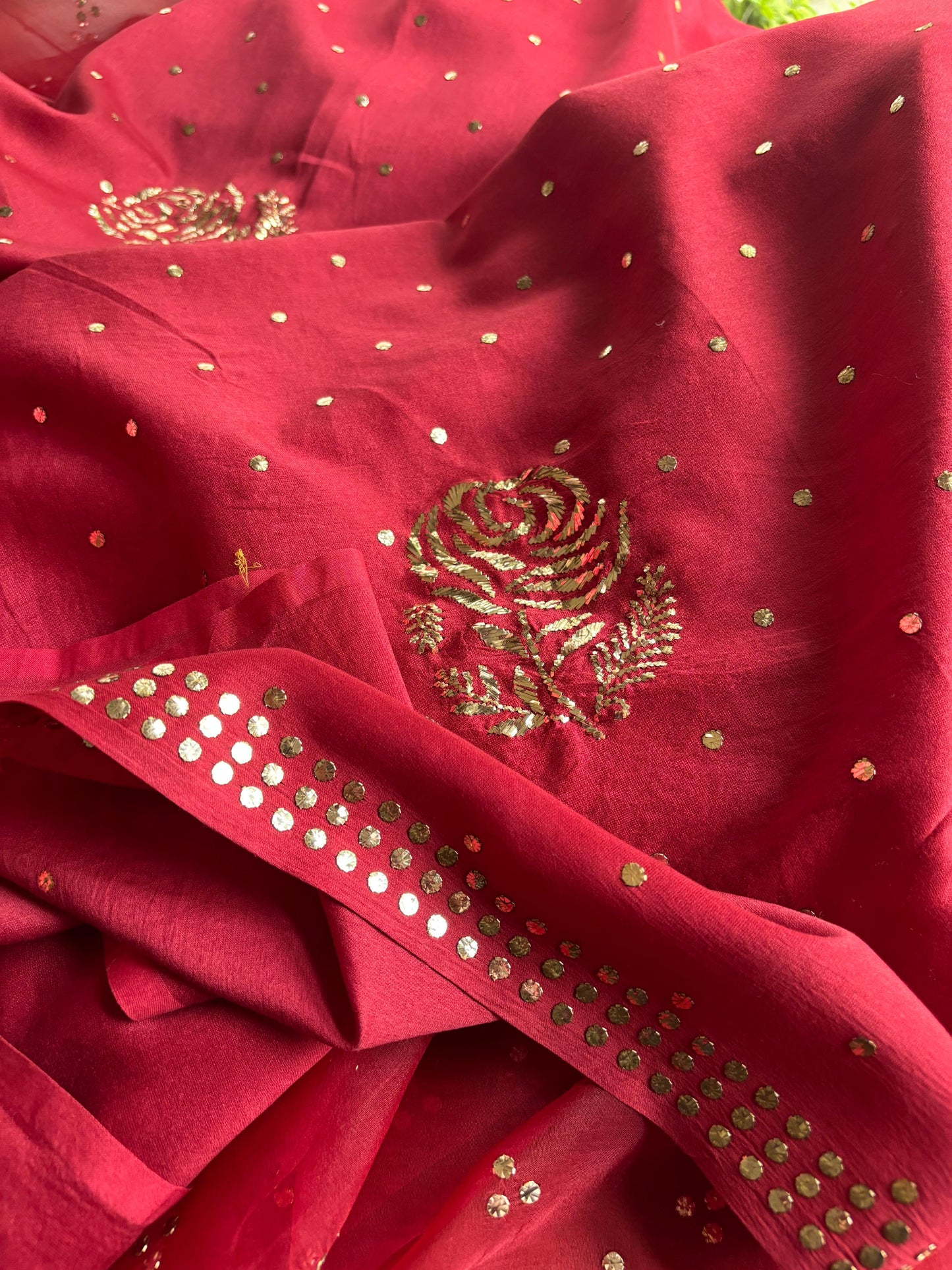 Berry Red Chanderi Silk Mukaish Badla Unstitched Fabrics