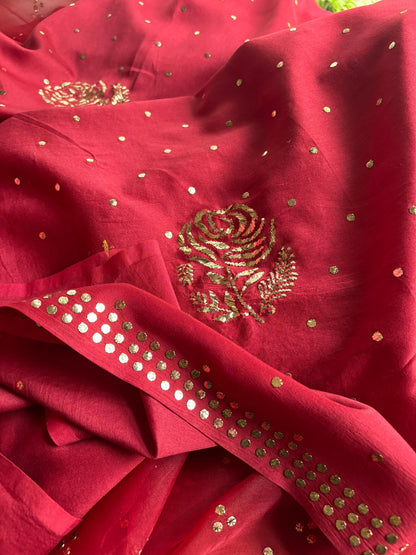 Berry Red Chanderi Silk Mukaish Badla Unstitched Fabrics