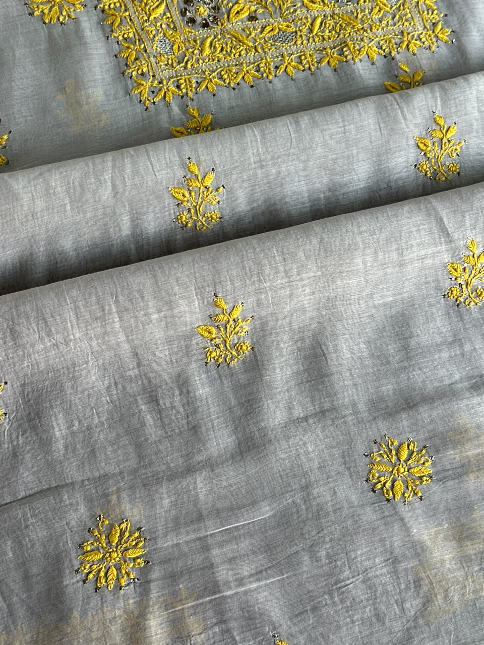 Grey Shade Mal Cotton Chikankari Unstitched Kurta Dupatta Fabric With Mukaish Badla