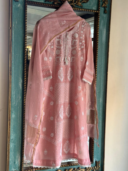 Pastel Peach Shade Malmal Pearl Work Chikankari Kurta With Dupatta