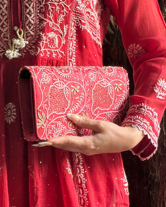 Red Shade Chikankari Sling Clutch Bag