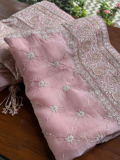 Soft Pink Heavy Organza Chikankari Saree With Blouse