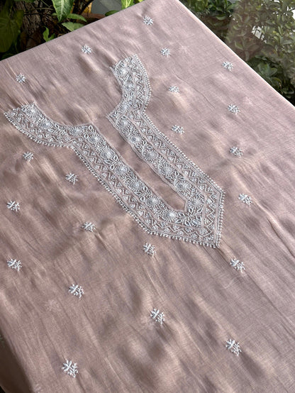 Pastel Peach Mulmul Chikankari Unstitched Men's Kurtas Fabric