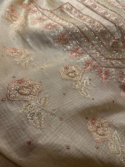 Beige Peach Tissue Kota Chikankari Unstitched Fabric