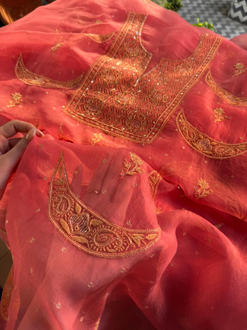 Peach Shade Noor Organza Silk Chikankari Unstitched Fabric