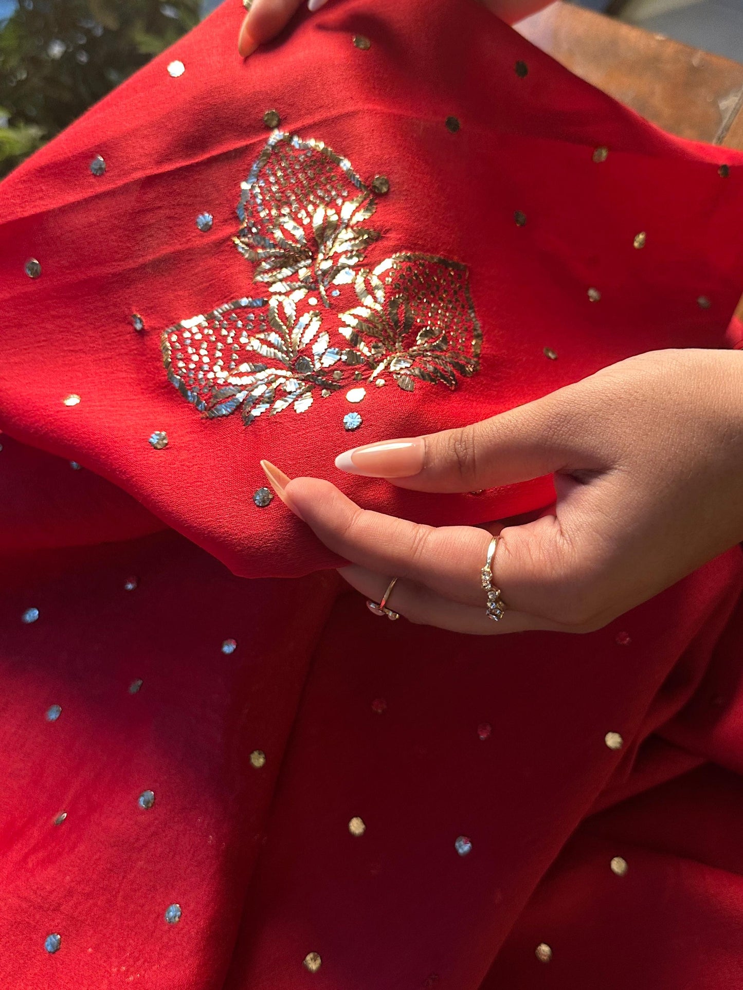 Red Chanderi Silk Mukaish Badla Unstitched Fabrics