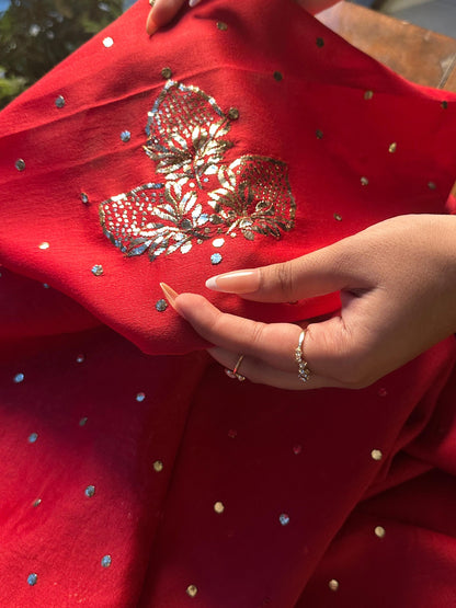 Red Chanderi Silk Mukaish Badla Unstitched Fabrics