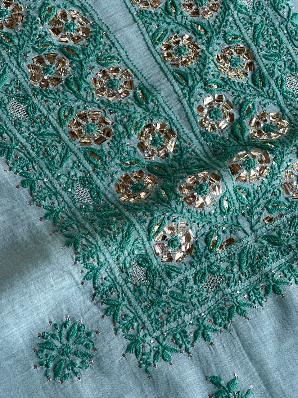 Blue Shade Mal Cotton Chikankari Unstitched Kurta Dupatta Fabric With Mukaish Badla