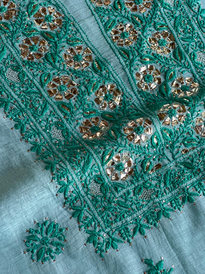 Blue Shade Mal Cotton Chikankari Unstitched Kurta Dupatta Fabric With Mukaish Badla