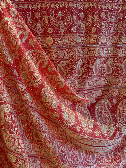 Deep Coral Shade Heavy Chikankari Jwelled Chikankari Sequinned Saree