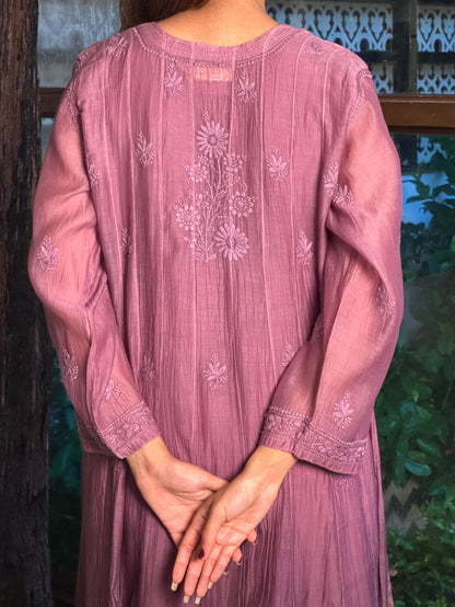 Purple Zari Chanderi Chikankari A Line Kurta with Slip