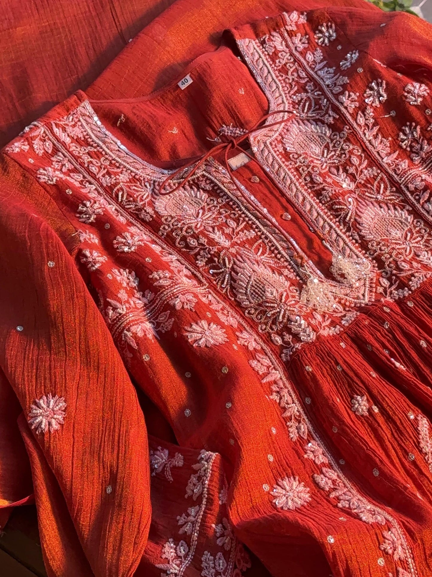 Rust Red Tissue Silk Chikankari Angarkha With Ari & Beads Work
